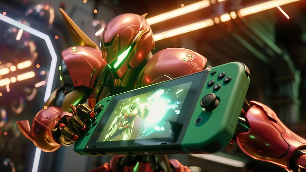 Closeup of Metroid Dread game in action on a Nintendo Switch.