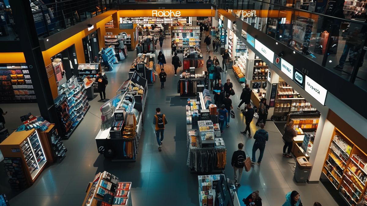 High angle view of a crowded Fnac store with customers shopping.