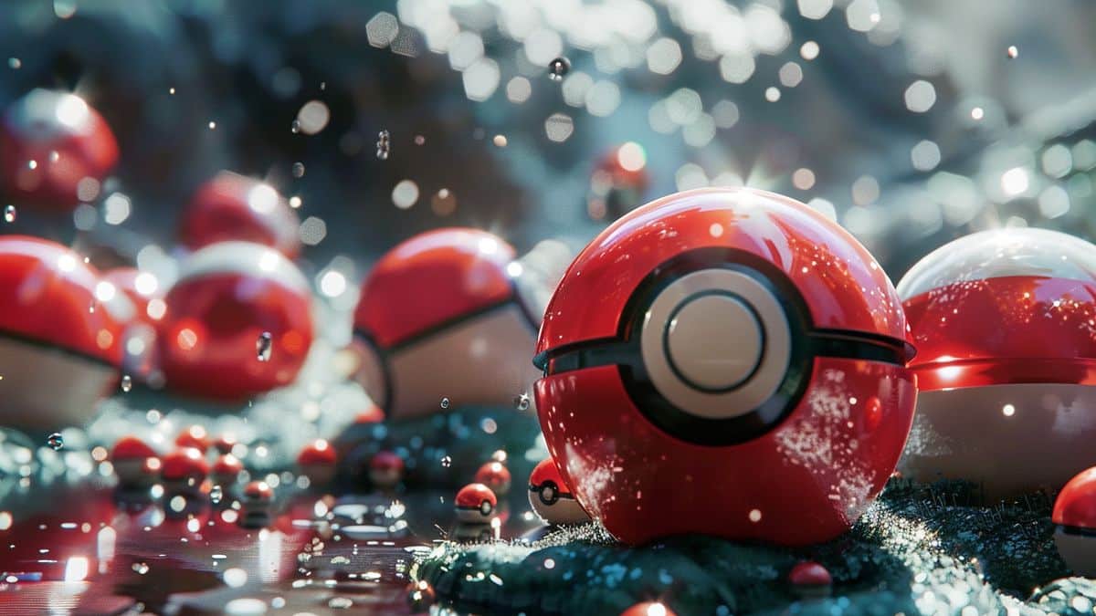 Pila di Poké Ball accanto a un pezzo di Stella su uno sfondo a tema Pokémon