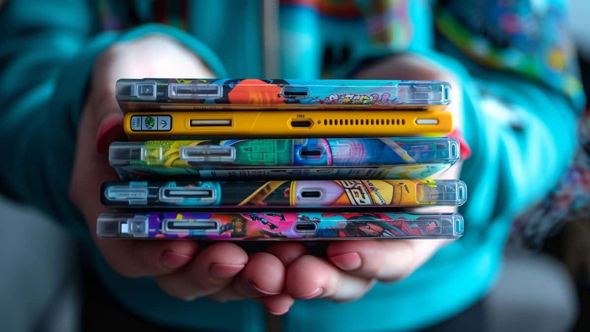 Closeup of a gamer's hands holding a stack of newly purchased Nintendo Switch games.