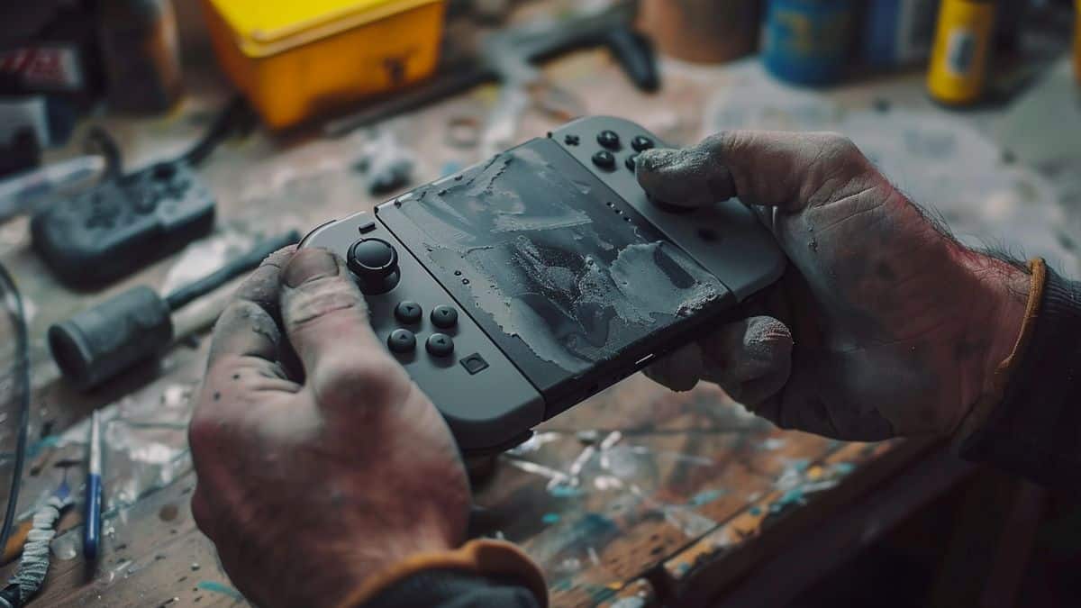 Mani di un tecnico che ripara un controller joycon per Nintendo Switch in Europa.