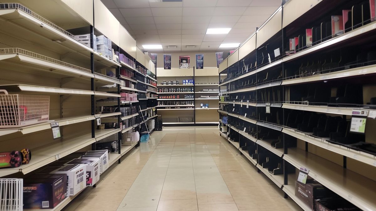 Empty shelves in a video game store, showing lack of new releases