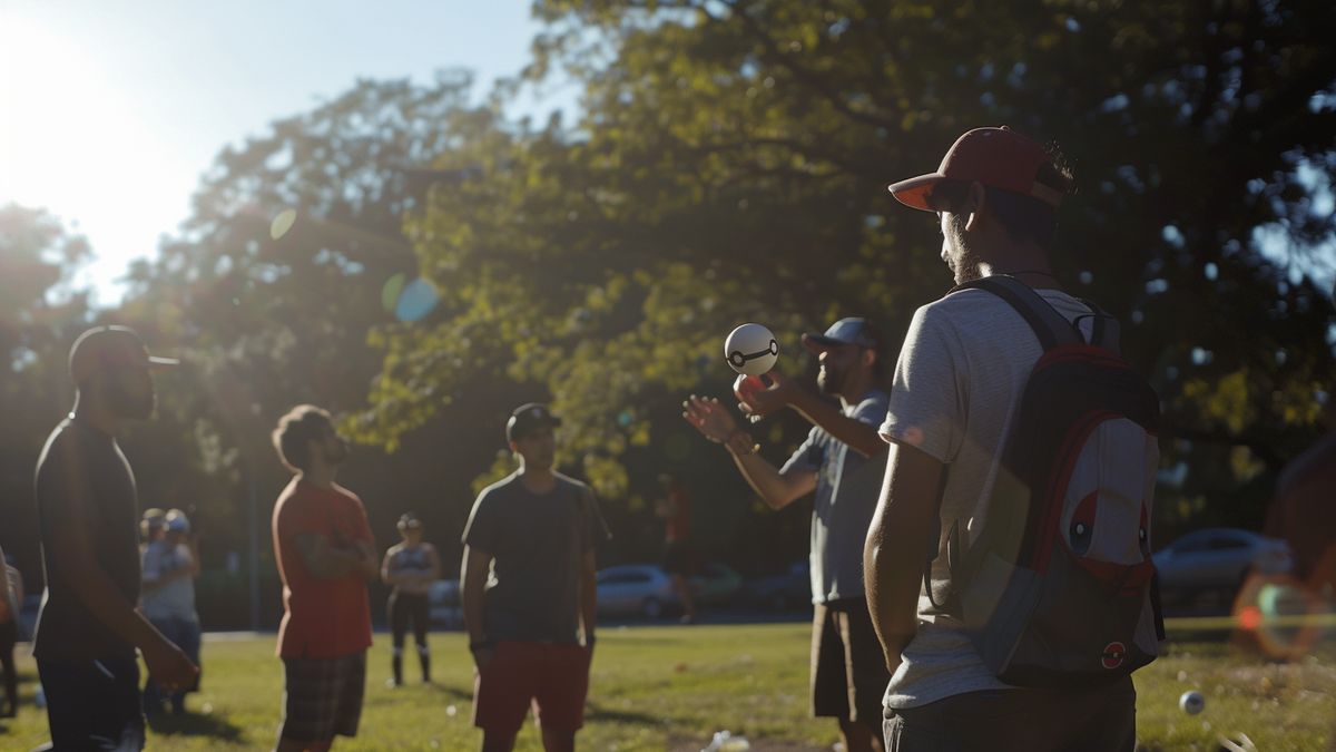 Trainer practicing throwing skills with friends at a Pokemon GO event