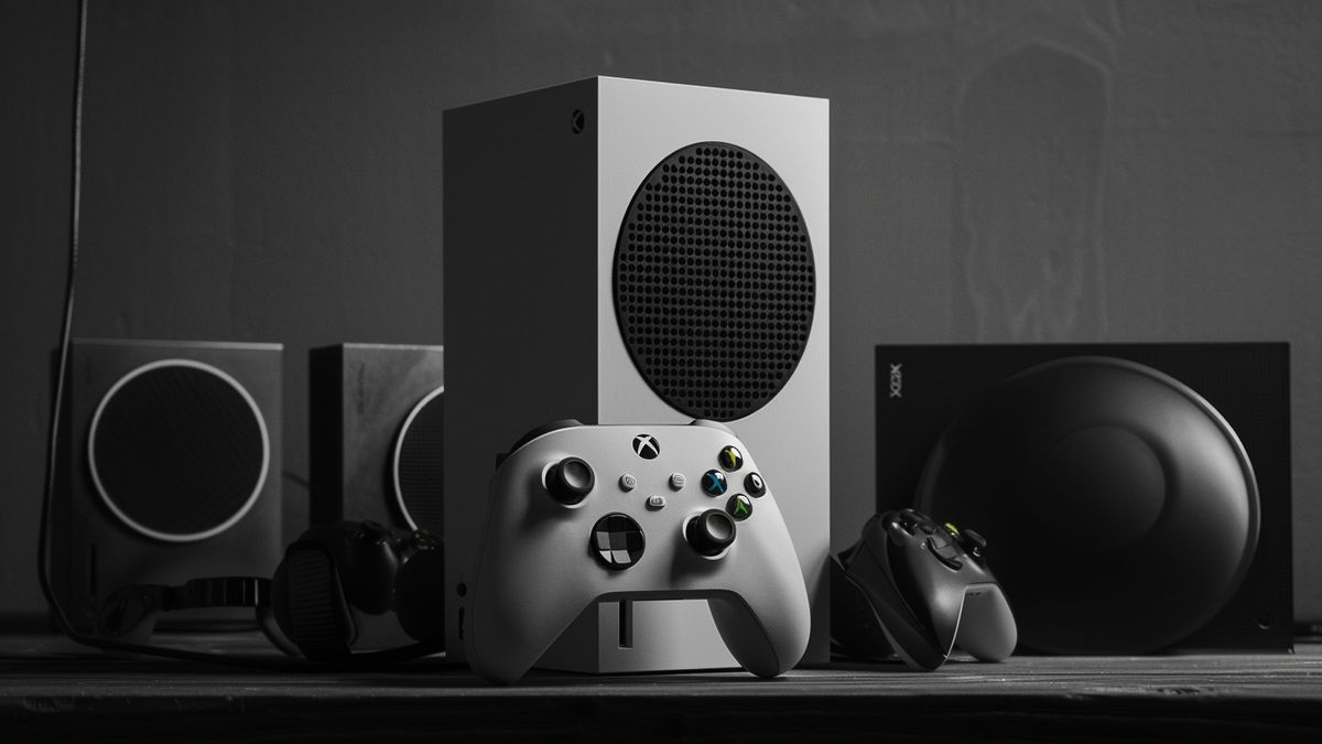 Xbox Series X without disc drive positioned next to gaming accessories.