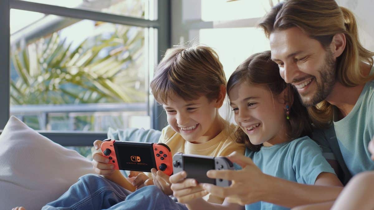 Happy parents and children bonding over games on the Nintendo Switch OLED.