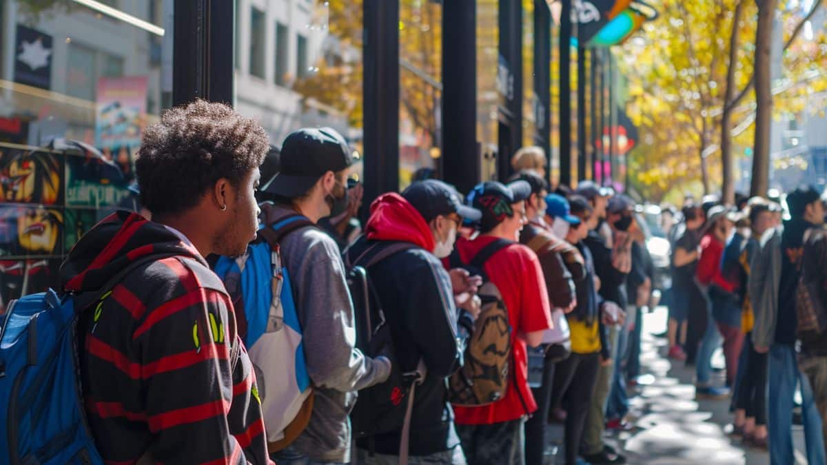 Jugadores emocionados esperando en la fila afuera de una tienda para el lanzamiento de Metroid