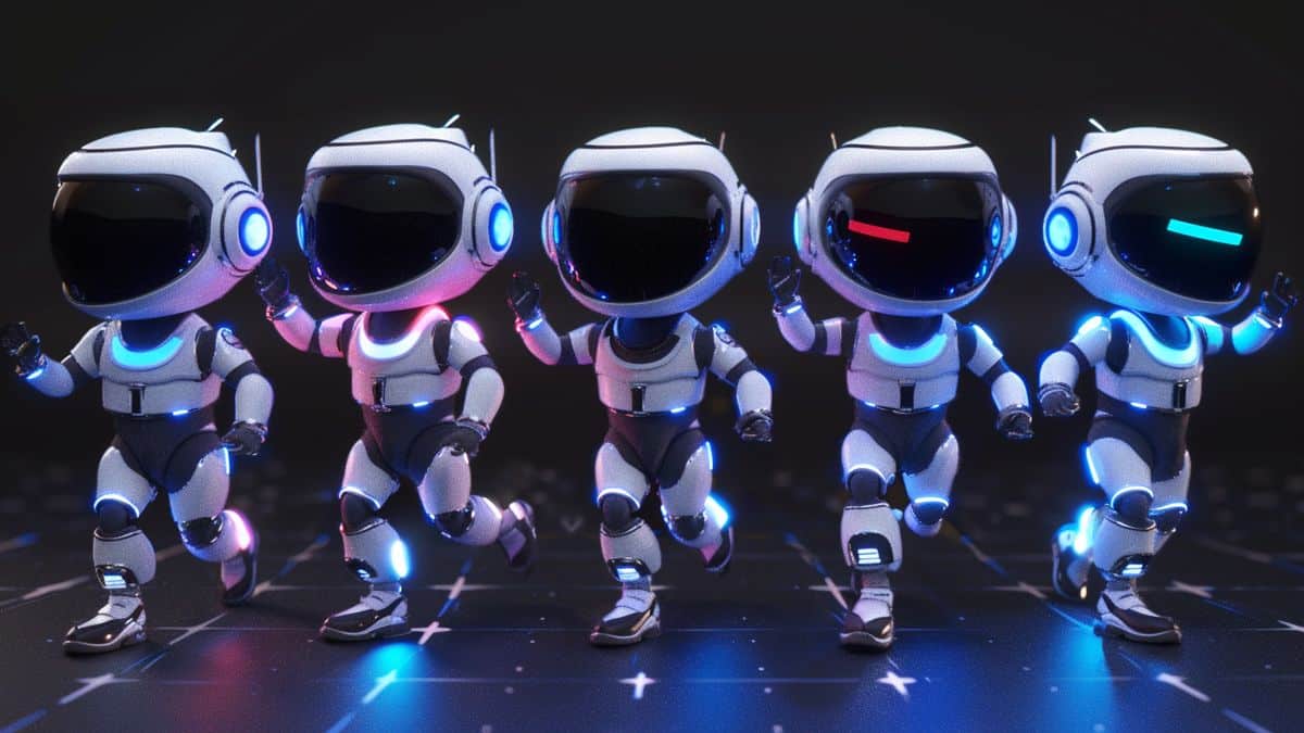 Avatares de Astro Bot en varias poses, incluido el icónico baile Saturday Night Fever