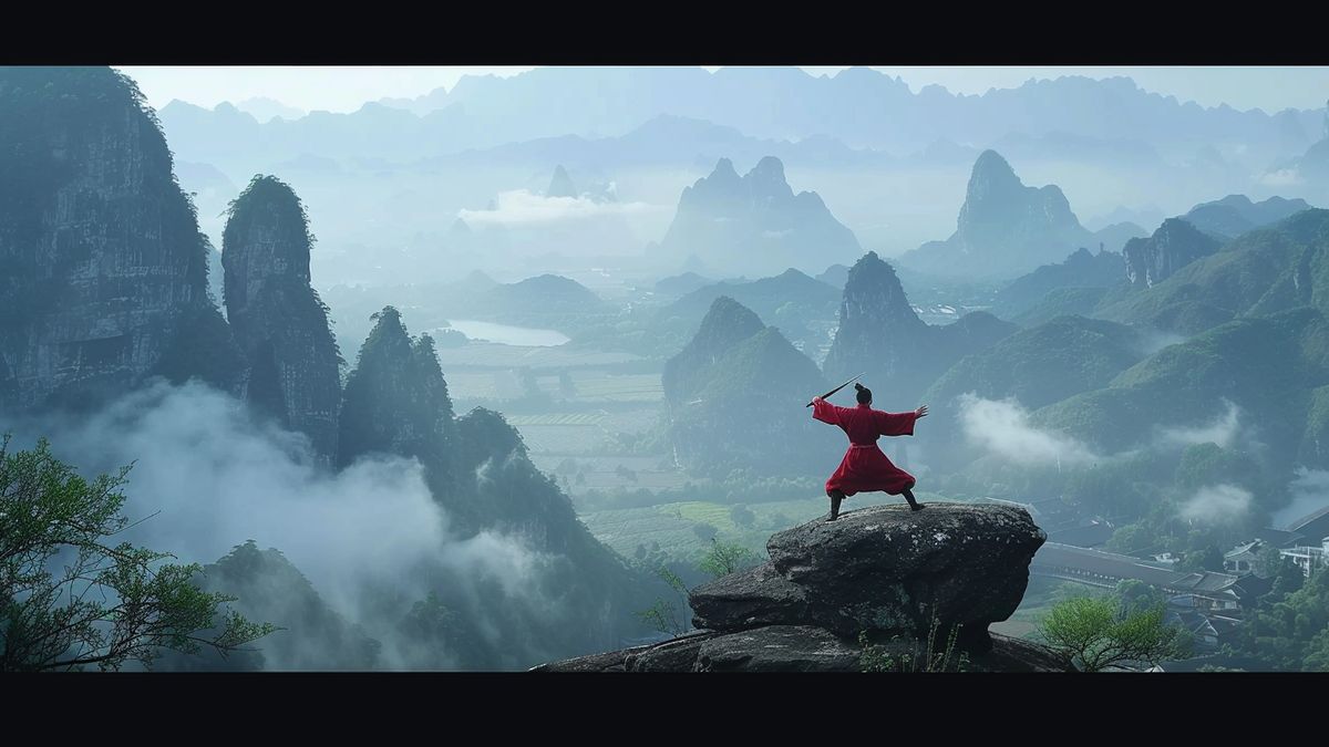 Mastering ancient Chinese martial arts techniques in a vast landscape setting.