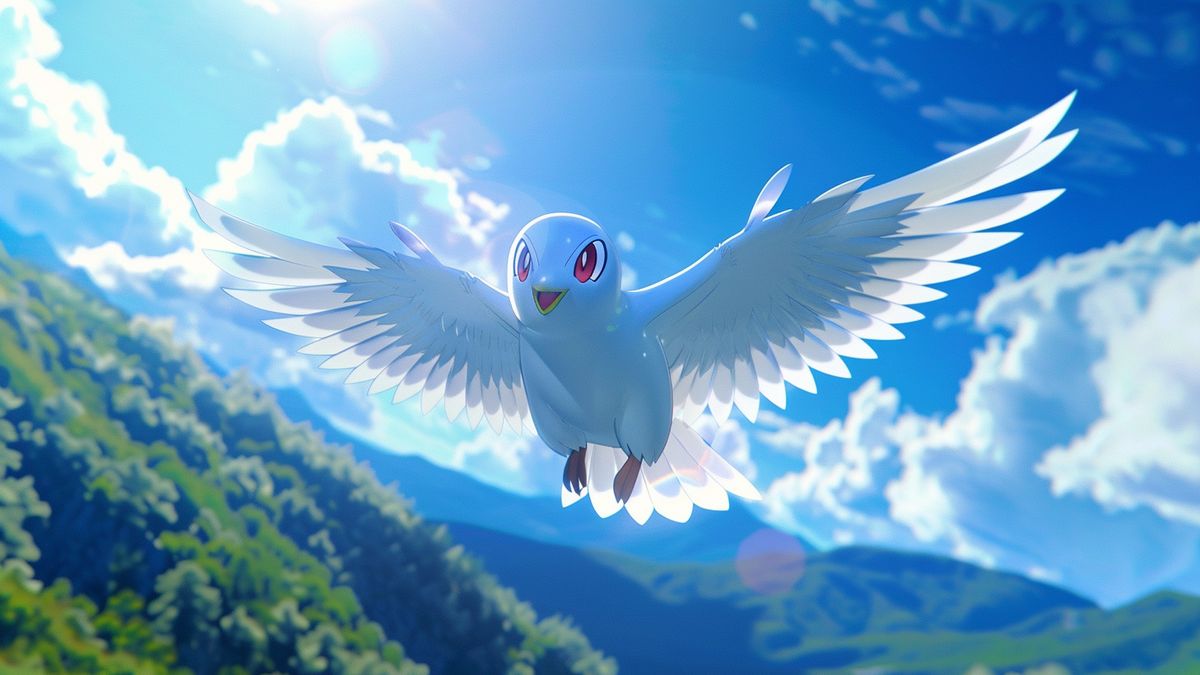 Shiny Wingull volando con gracia en los cielos de la región de Hoenn.