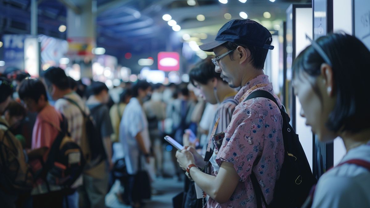 Fans eagerly waiting in line at a Tokyo gaming convention.