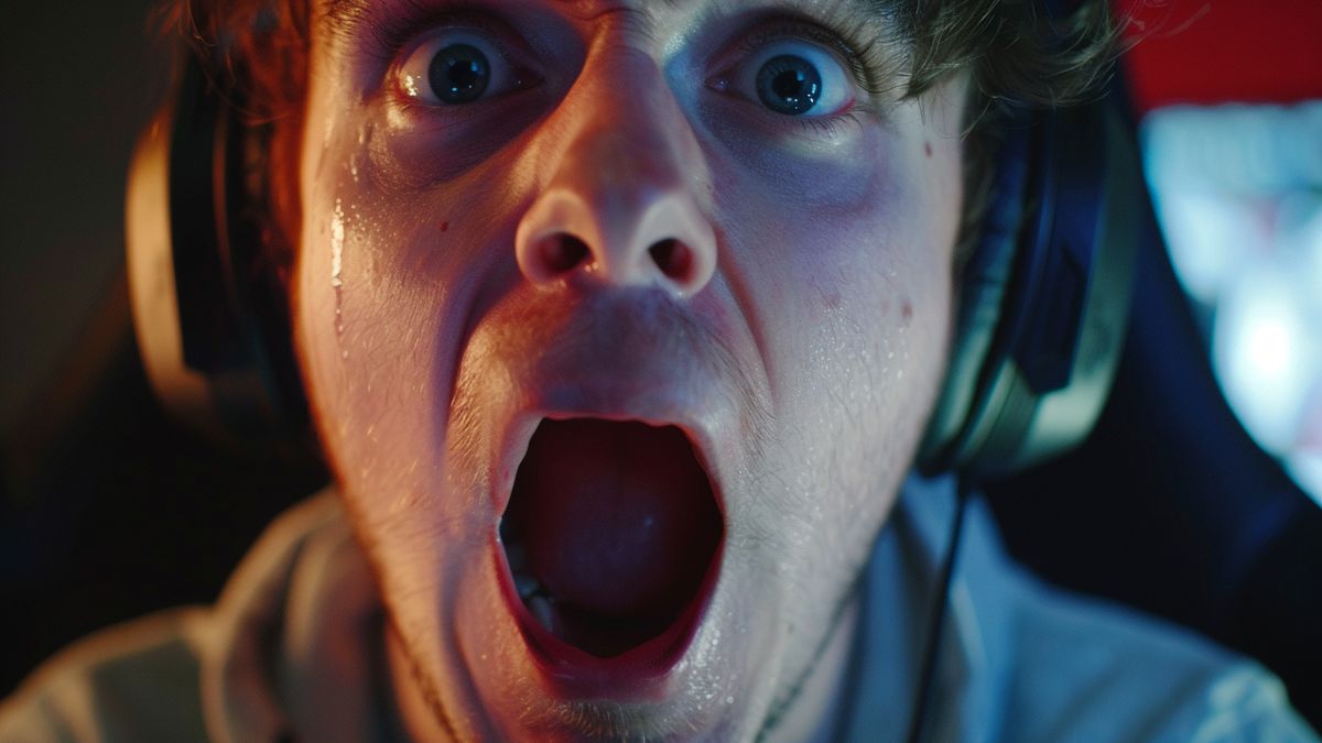 Closeup of a gamer's face as they react to a surprise announcement.