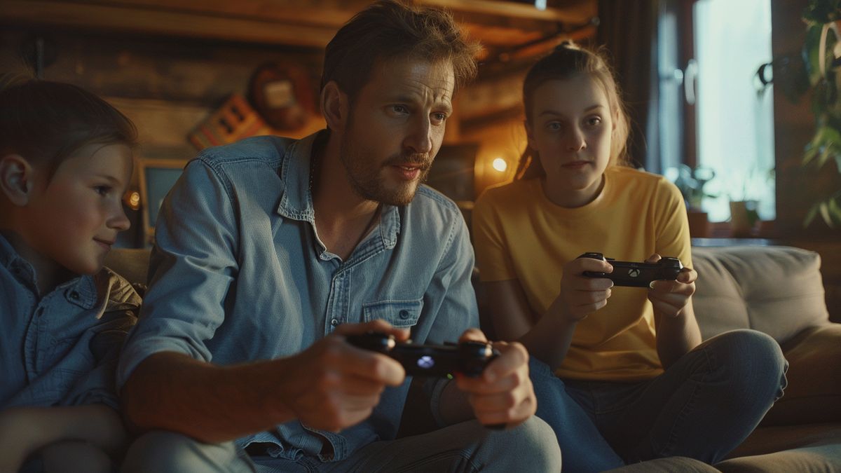 Family enjoying quality time together playing various games on Xbox.