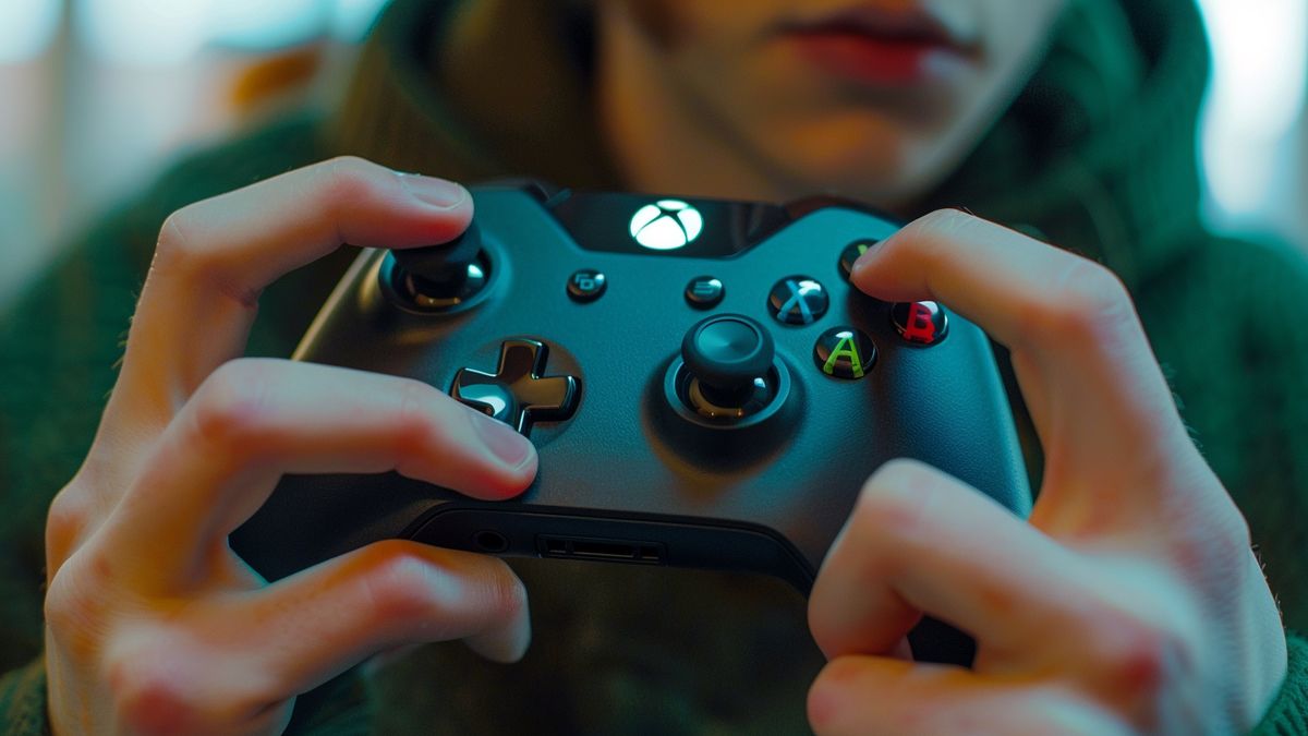 Primer plano del controlador Xbox sostenido por un jugador concentrado.