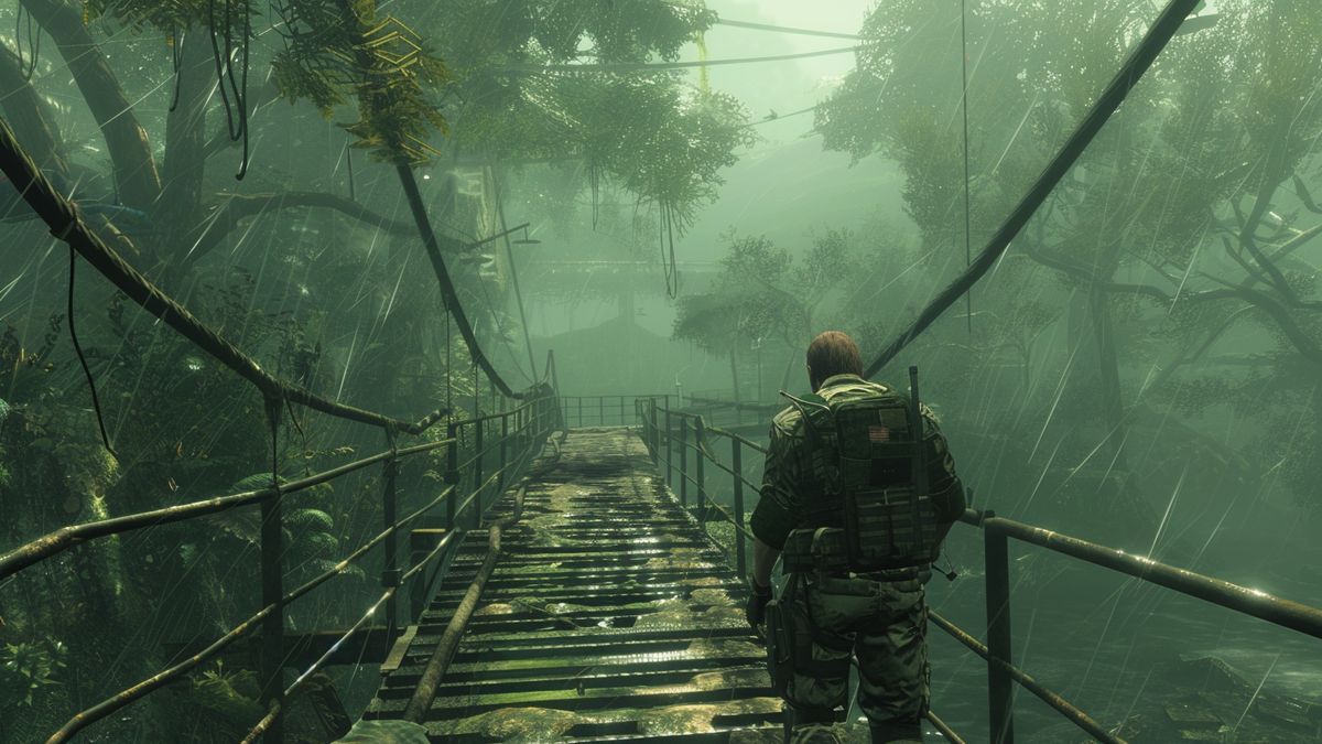 Metal Gear Solid Delta : Snake Eater: Snake infiltrating enemy base, evading traps and enemies.