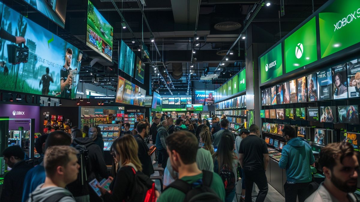 Crowded gaming store with banners promoting current Xbox game offers