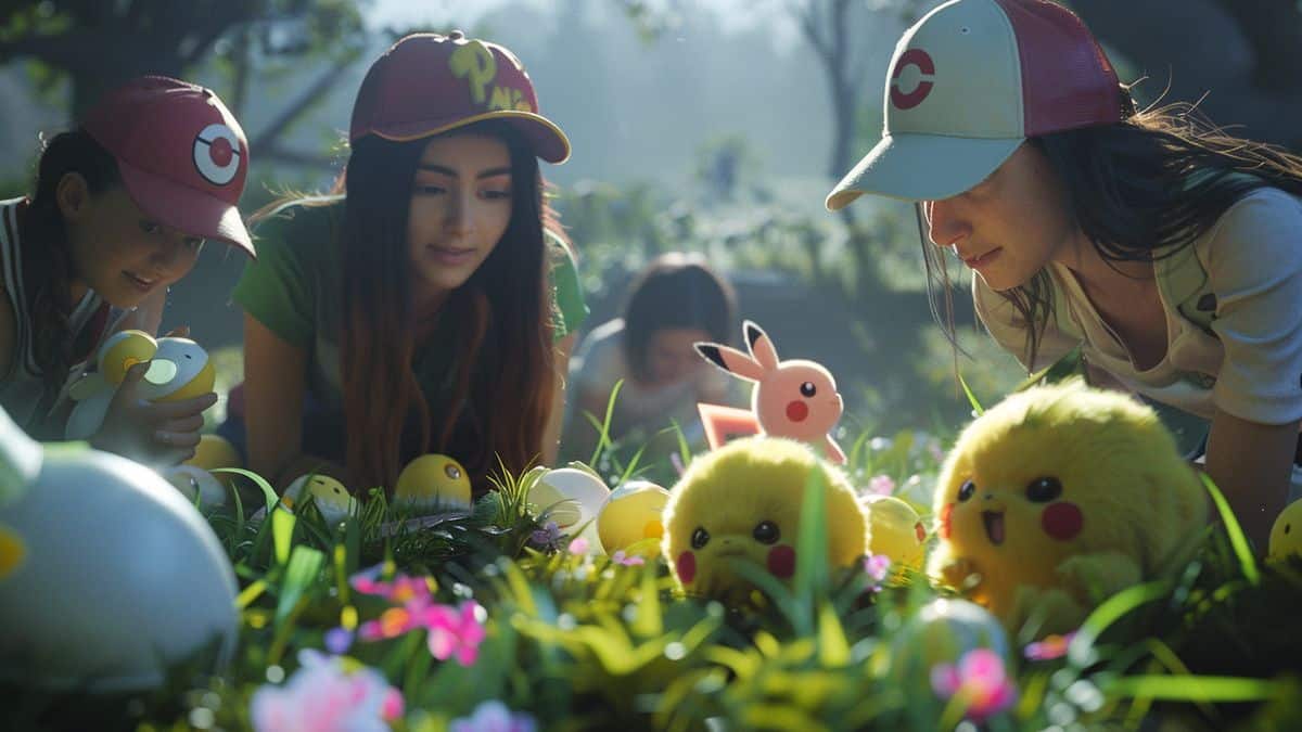 Pokémon trainers excitedly collecting rare Pokémon from hatched eggs