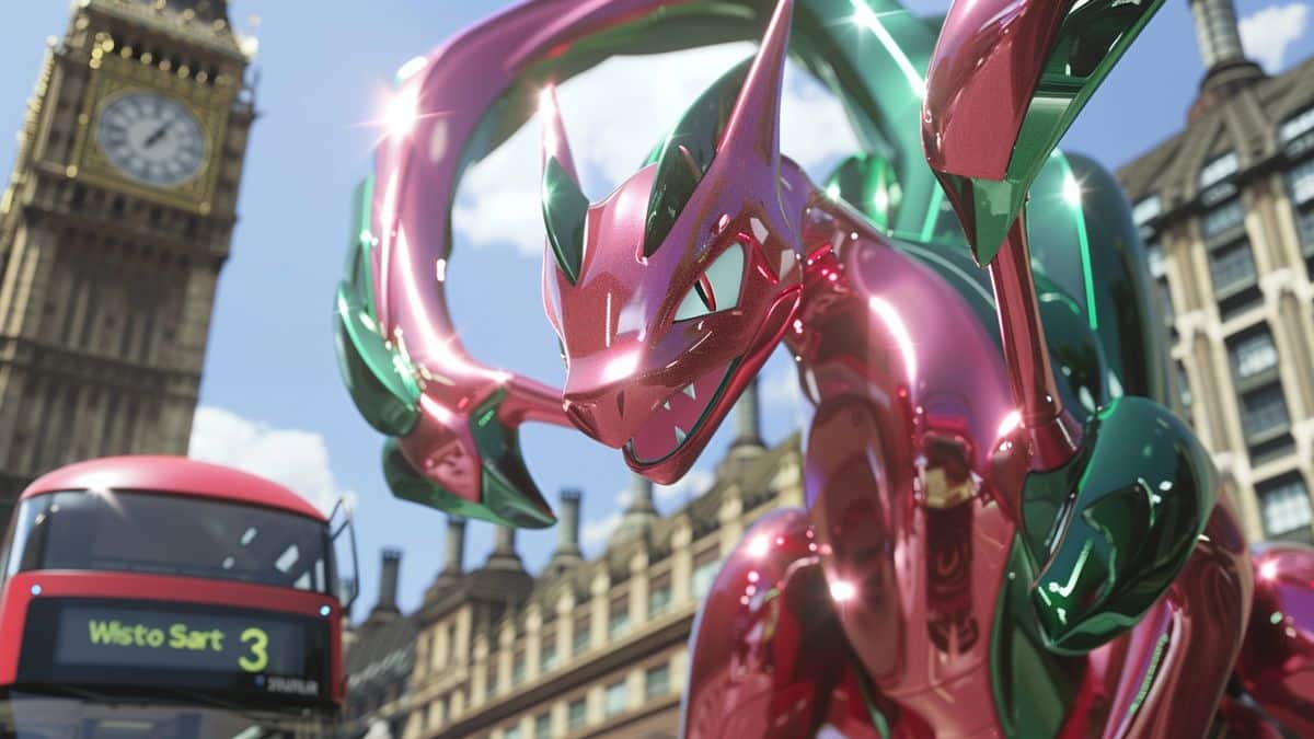 Closeup on a shiny Rayquaza appearing in a raid in London