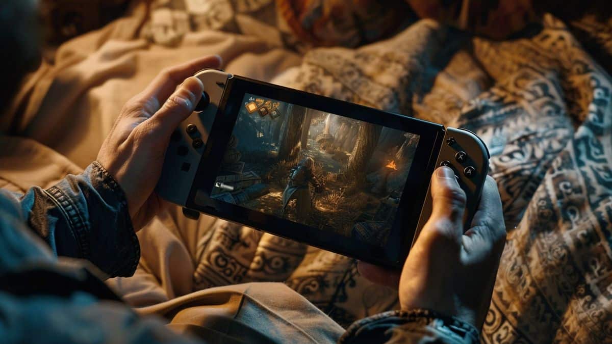 Hands holding the Switch OLED while playing a visually stunning game.