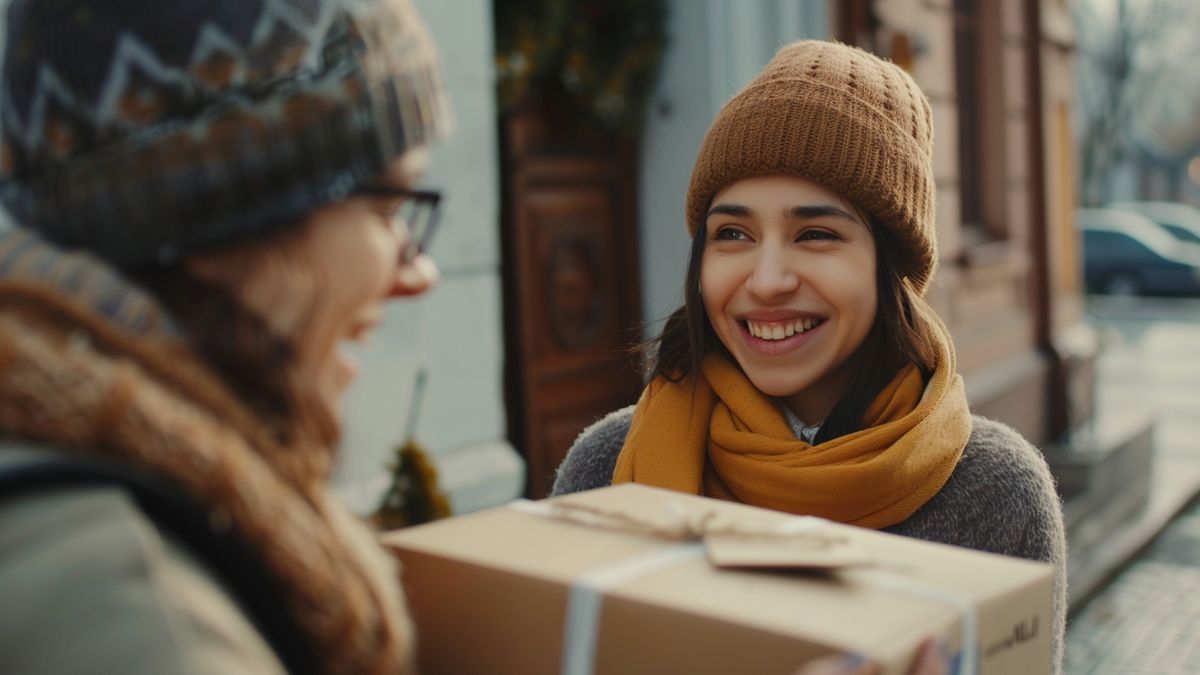 Closeup of a happy customer receiving a package from AliExpress.