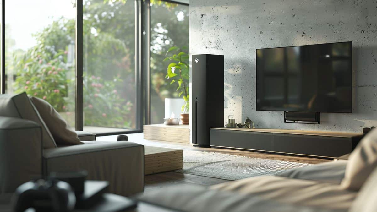 Stylish Xbox Series X design in a modern living room setting.