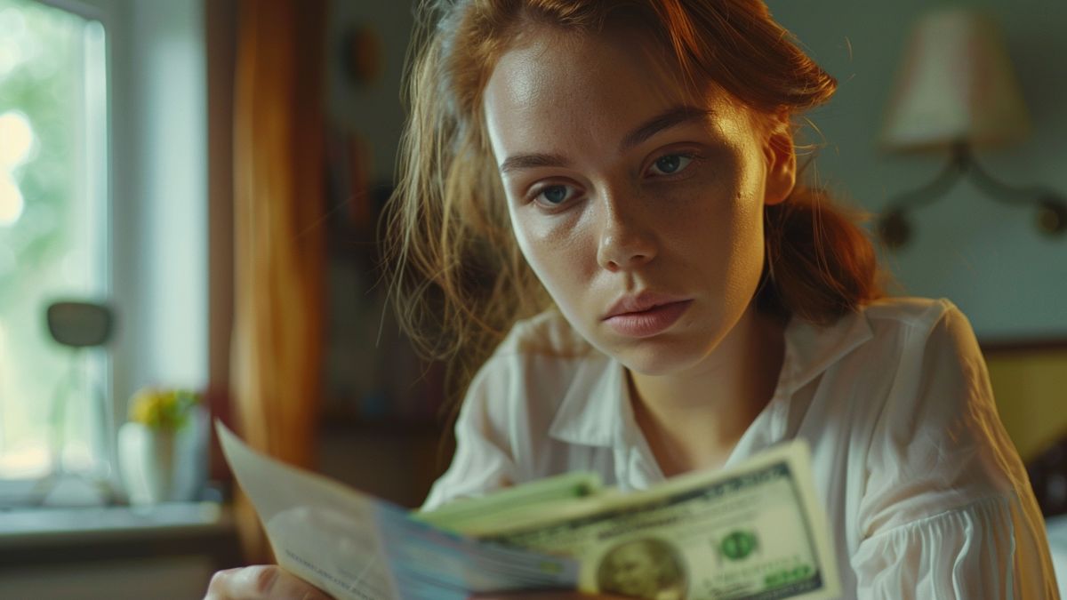 Woman counting money with a serious expression, hinting at potential fines