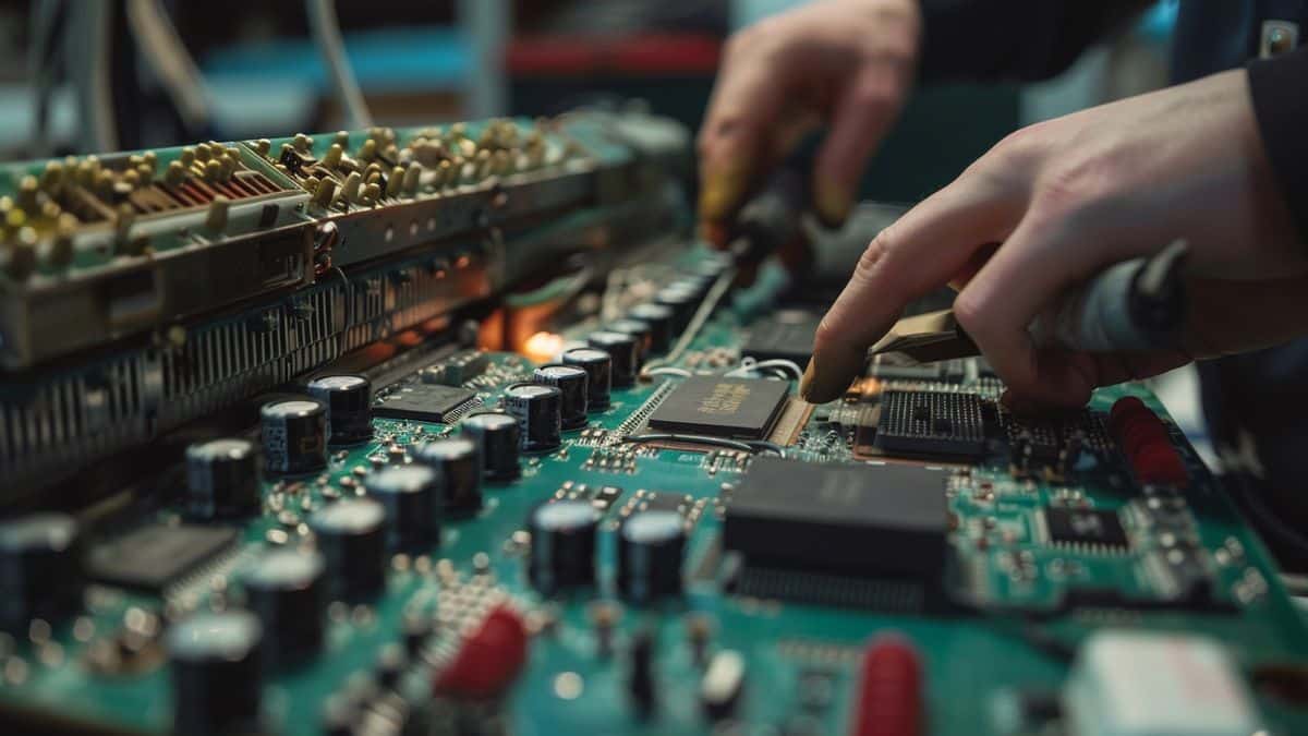 Closeup of the refurbished console being tested and inspected by technicians.