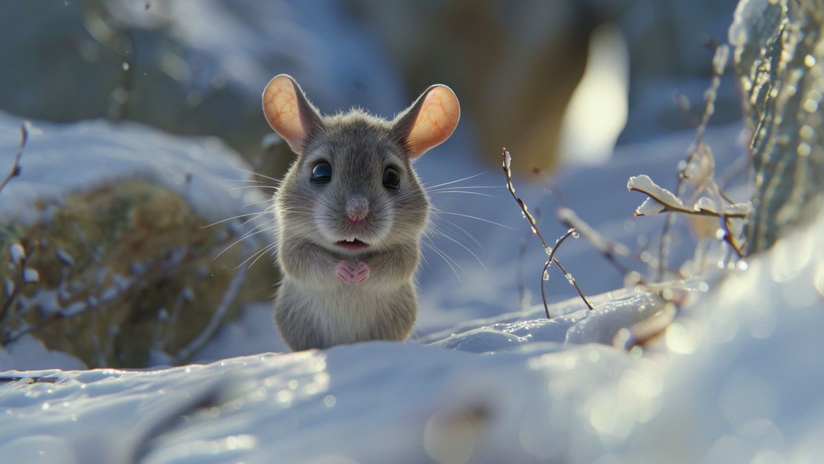 Ratón lindo y deprimido que sobrevive en un duro ambiente invernal en Winter Burrow.