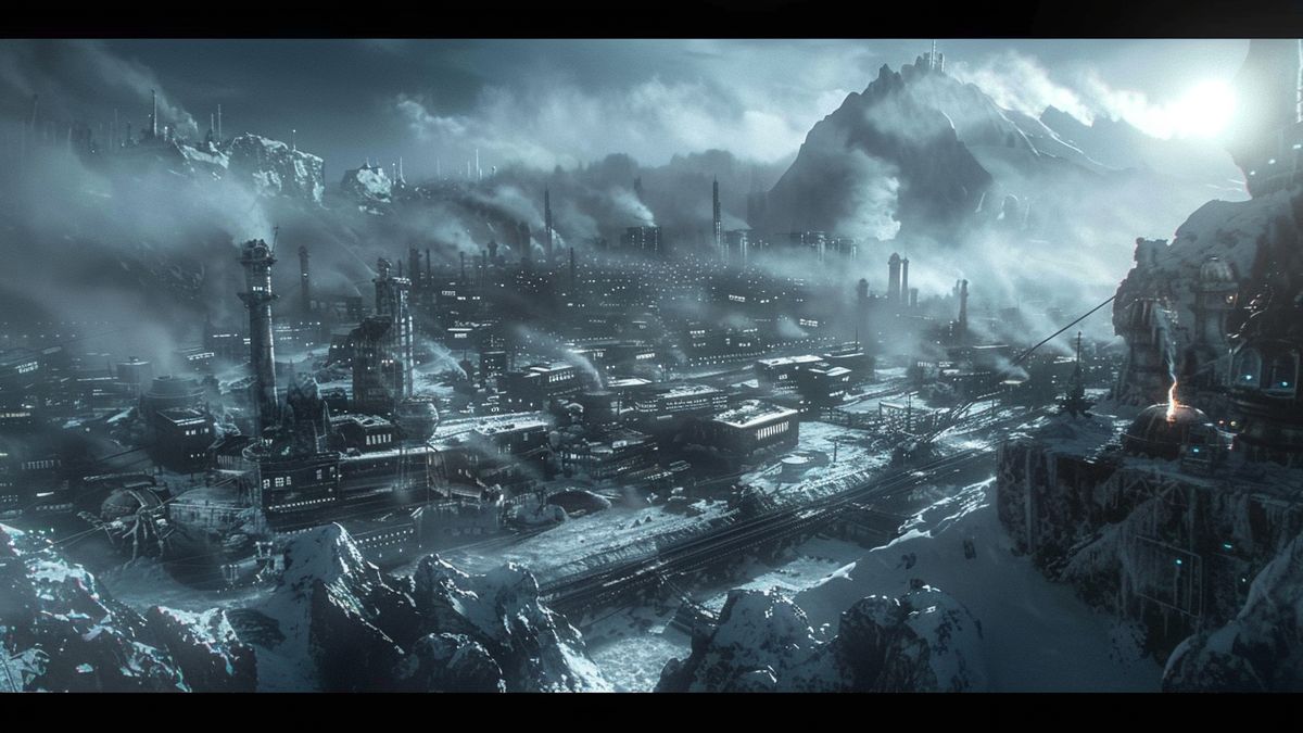 Frostpunk  A frozen postapocalyptic landscape with steampunkstyle buildings.