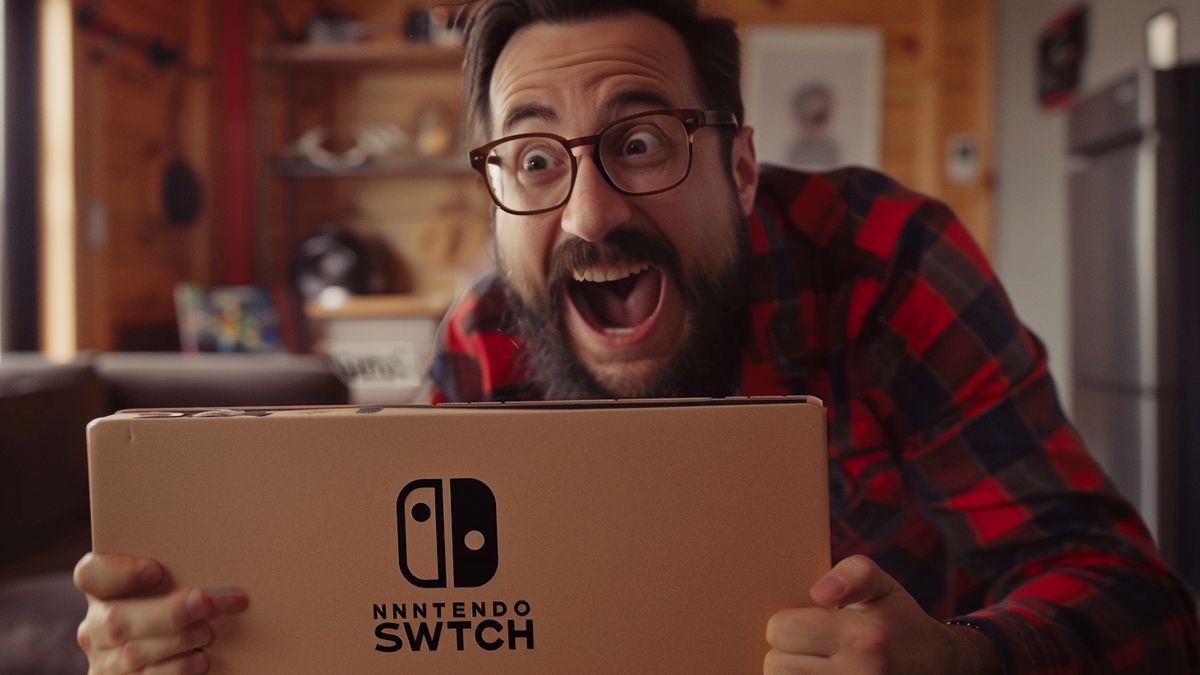 Giocatore entusiasta mentre apre la confezione della nuova confezione di Nintendo Switch