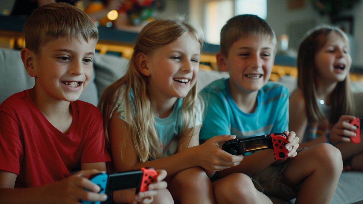 Children laughing and having fun with Nintendo Switch games at a party.