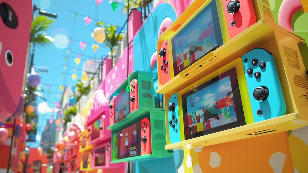 Colorful banners advertising huge discounts on Nintendo Switch consoles at summer sales.