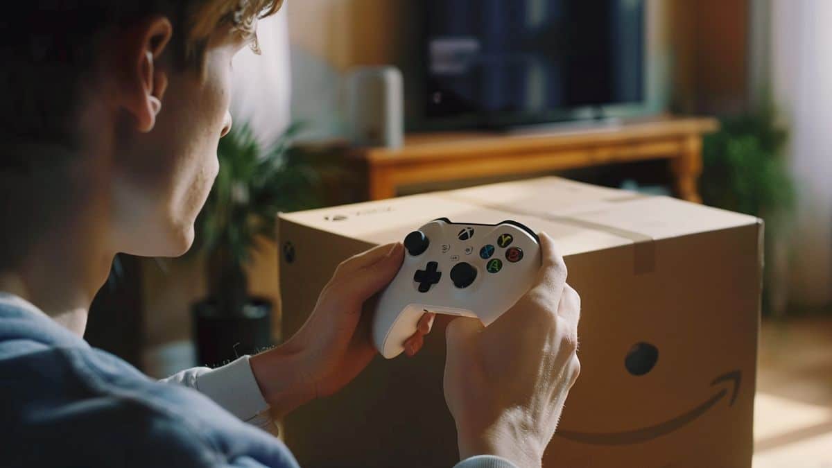 Amazon プライムから迅速に配送された Xbox コントローラーを開梱して興奮しているゲーマー。