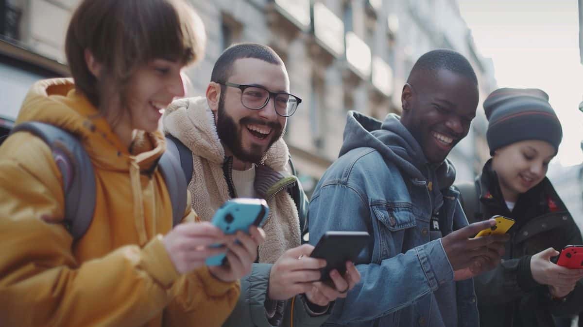 Excited gamers playing with the Nintendo Switch in Paris, France.