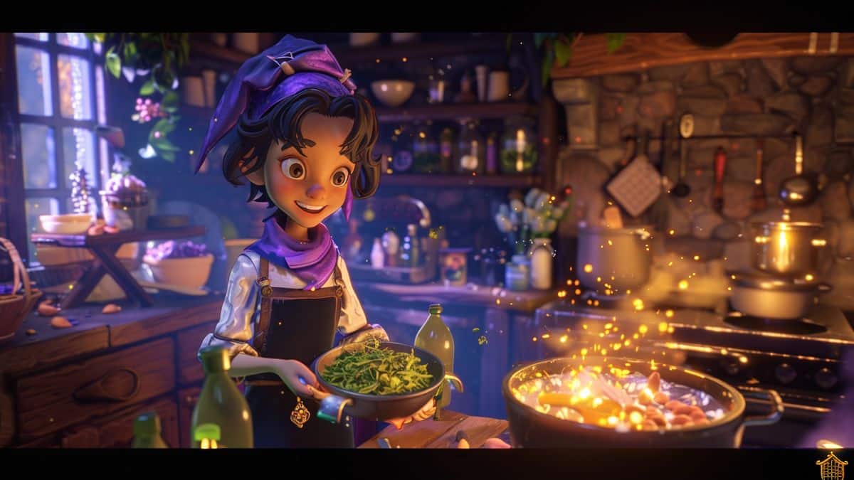 Flora, a young witch apprentice, cooking magical dishes in Grat City