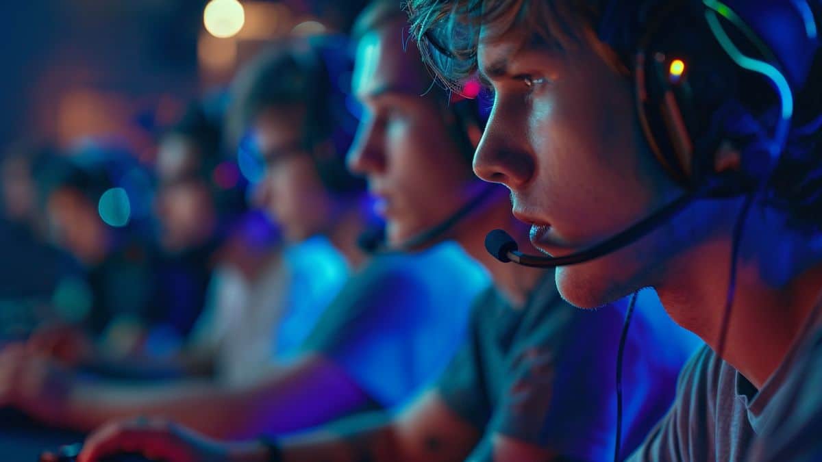 Group of gamers on Xbox and PSconsoles immersed in competitive gameplay.