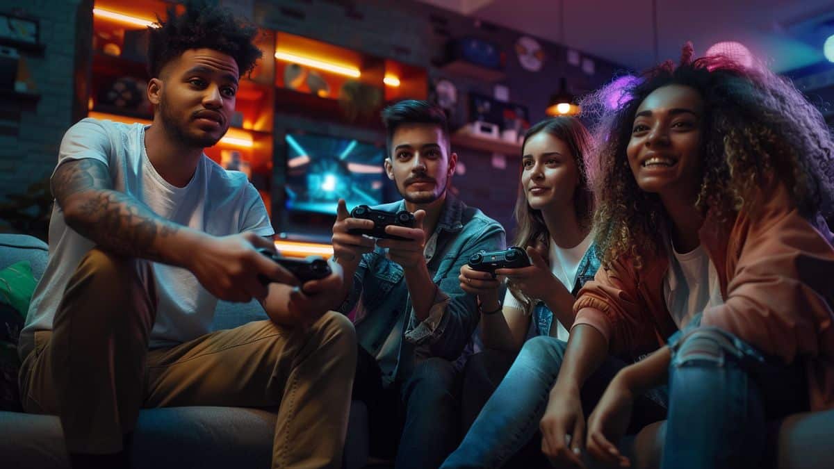 Group of friends playing Xbox Game Pass games without worrying about space.