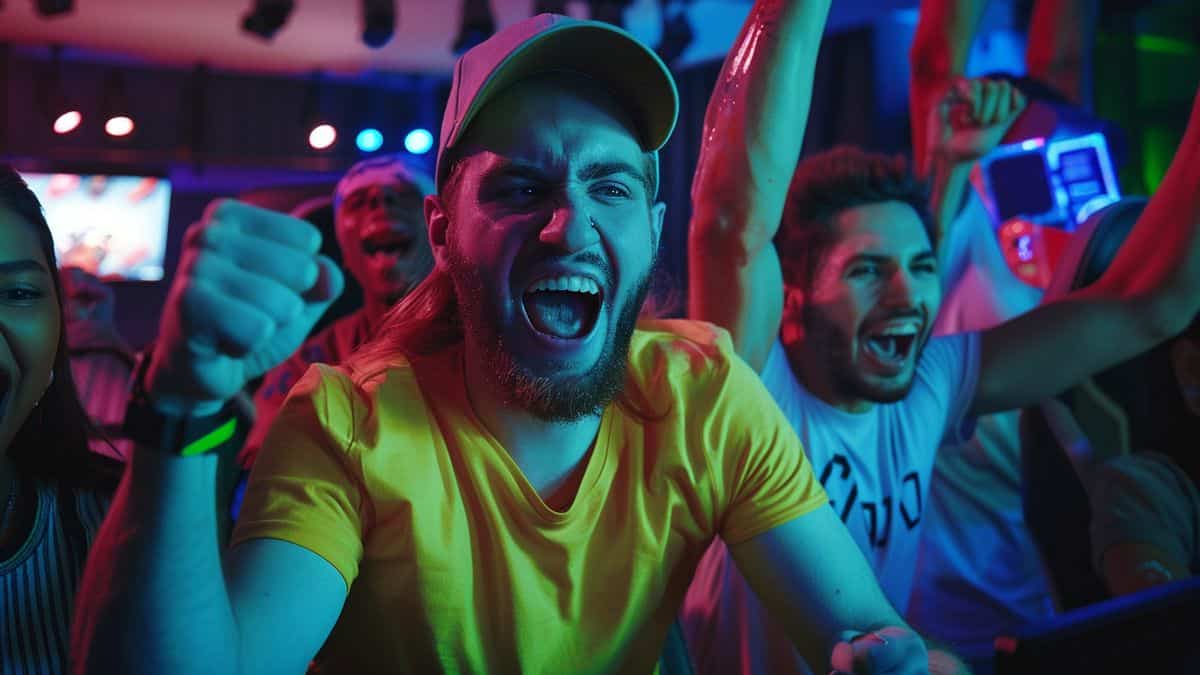 Astrothemed 티셔츠와 모자를 쓰고 승리를 축하하는 흥분된 게이머들
