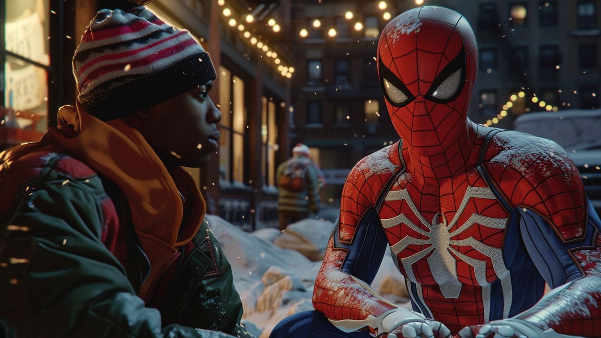Group of friends discussing the latest SpiderMan game in New York.