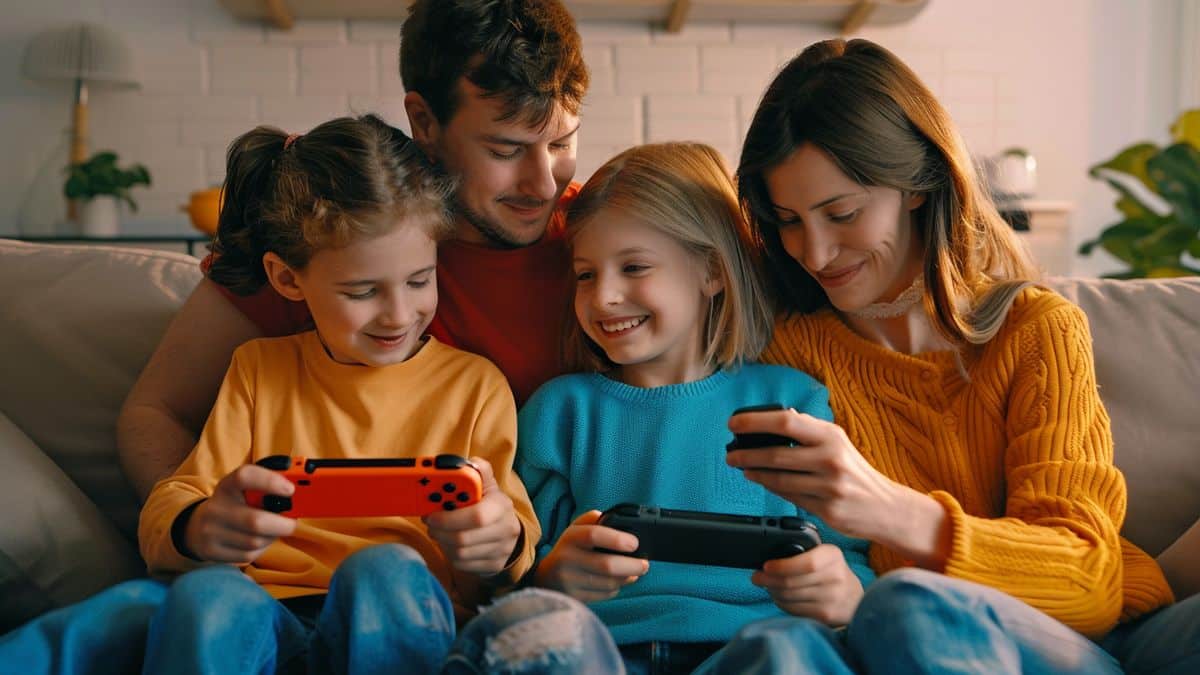 Family enjoying a fun gaming session with the preinstalled game on Switch.