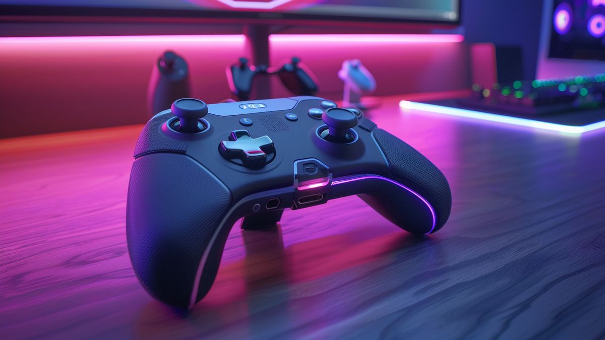 High angle view of the Nacon Revolution Pro controller next to a gaming setup.