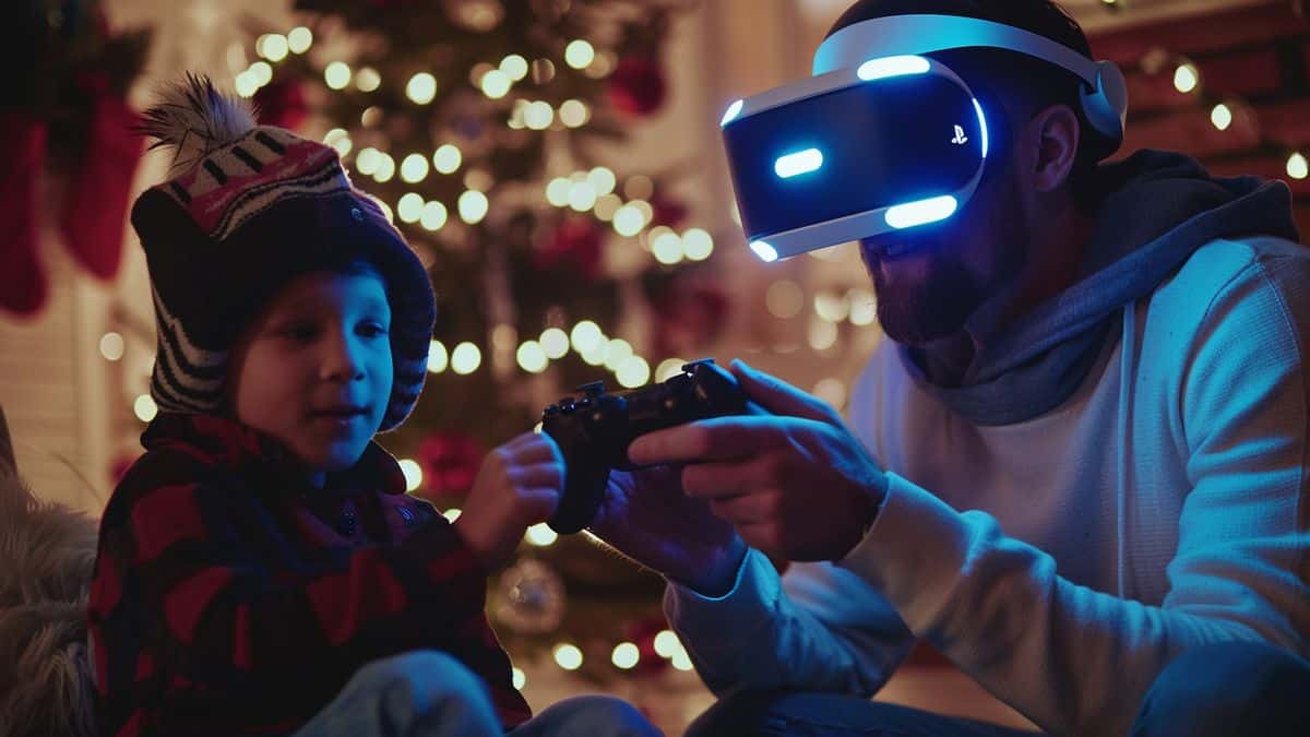 Father surprising his kids with the discounted PS VRfor Christmas