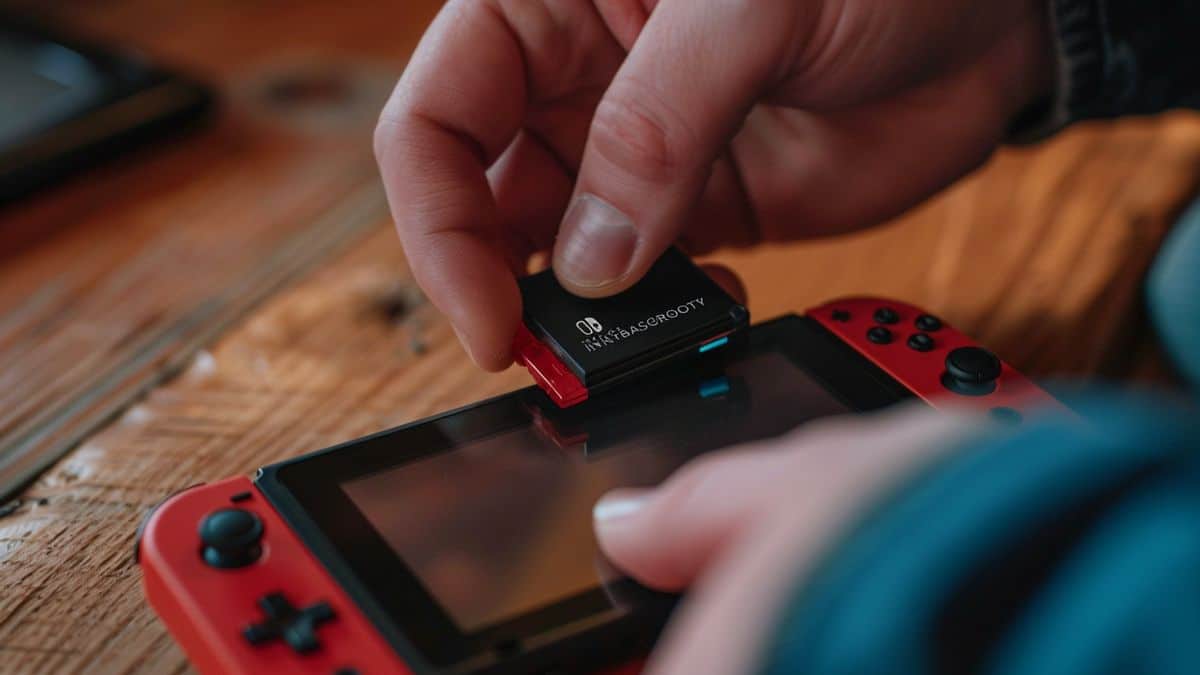 Hands inserting a TEAMGROUP GO B Micro SDXC into a Nintendo Switch