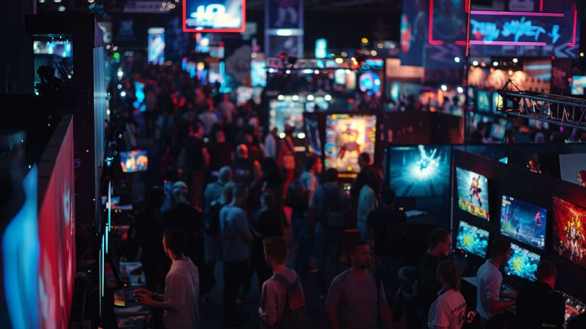 Salón de convenciones de juegos lleno de gente, con cabinas animadas y pantallas grandes que muestran juegos.