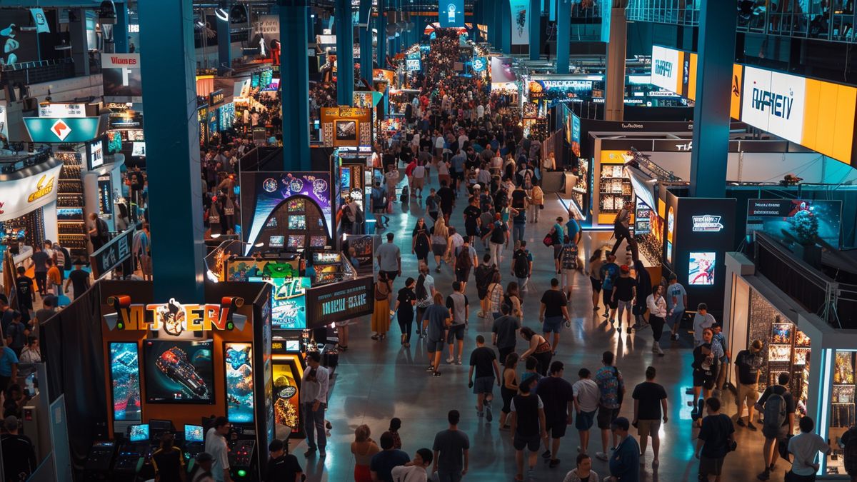 View of the convention hall filled with gaming enthusiasts and cosplayers