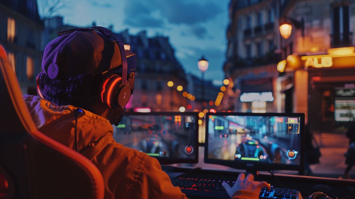 Gamer in Paris enjoying the immersive gaming experience with DualSense controller.