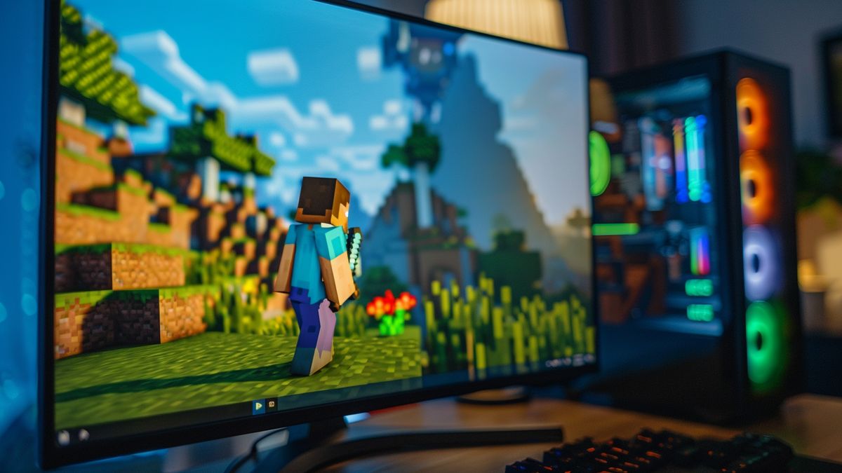 Primo piano su un monitor di alta qualità che mostra il gameplay di Minecraft