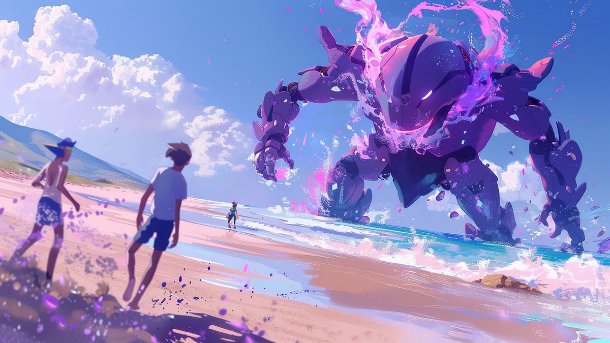 A team of trainers working together to defeat Wimpod near a beach