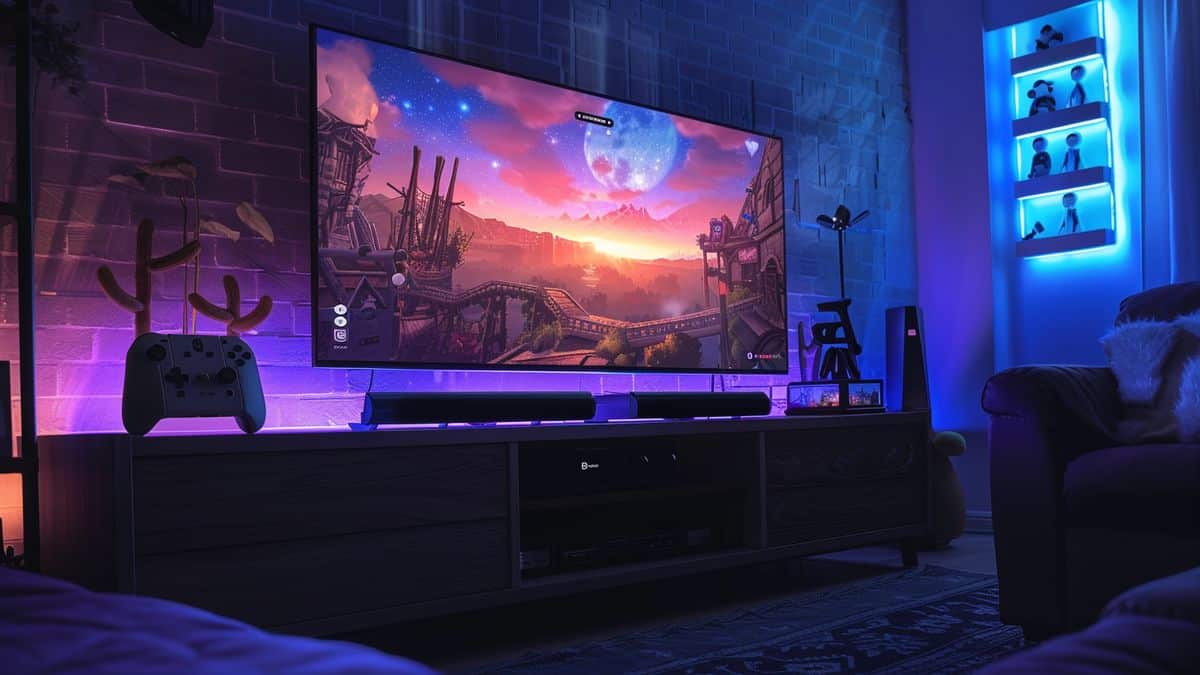 Living room setup with Nintendo Switch OLED connected to TV.