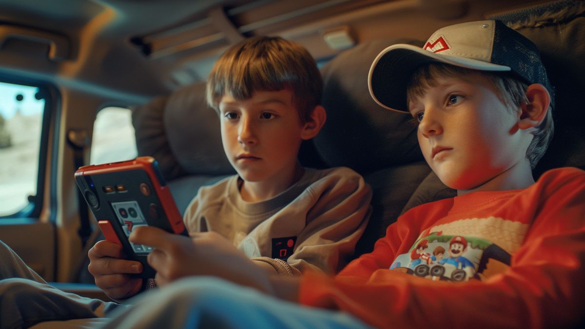 Kids playing Mario Kart in handheld mode during a road trip.