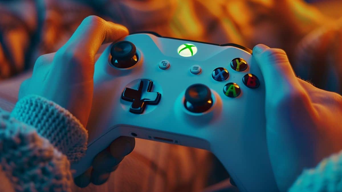 Detail shot of hands holding Xbox controller, playing a free game.